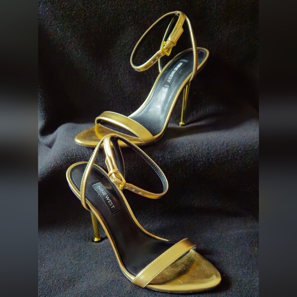 Nine West Renia Metallic Gold Ankle Strap Stiletto Sandals - Size 5M